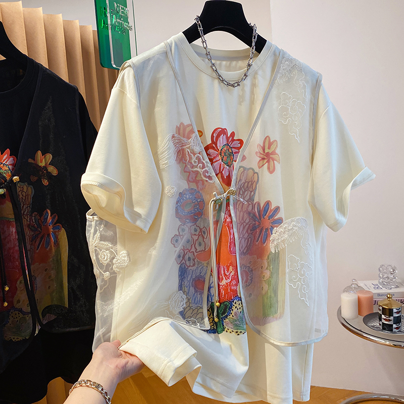2025 New Plus-Size Chinese-Style Floral Print T-Shirt for Women with Mesh Vest Two-Piece Set for Summer