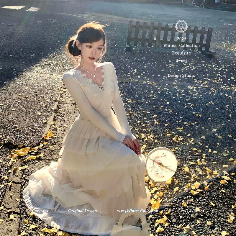 Catyears Year of the Cat Peach Blossom Thousand Layers ~ Gentle Brushed Knit Waist-Cinching Lace Patchwork Fairy Dress