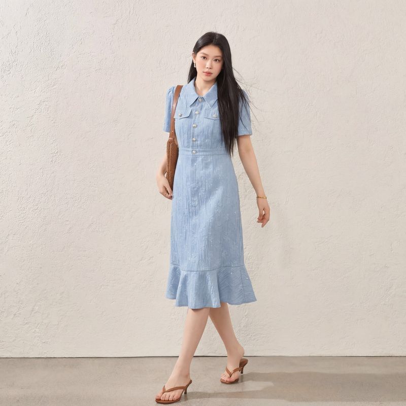 Xihuan 2026 Summer New Plus-Size Women's Denim Dress Short-Sleeved Blue Mid-Length Dress with Elegant Style Xihuan 2026 Summer New Plus-Size Women's Denim Dress Short-Sleeved Blue Mid-Length Dress with Elegant Style
