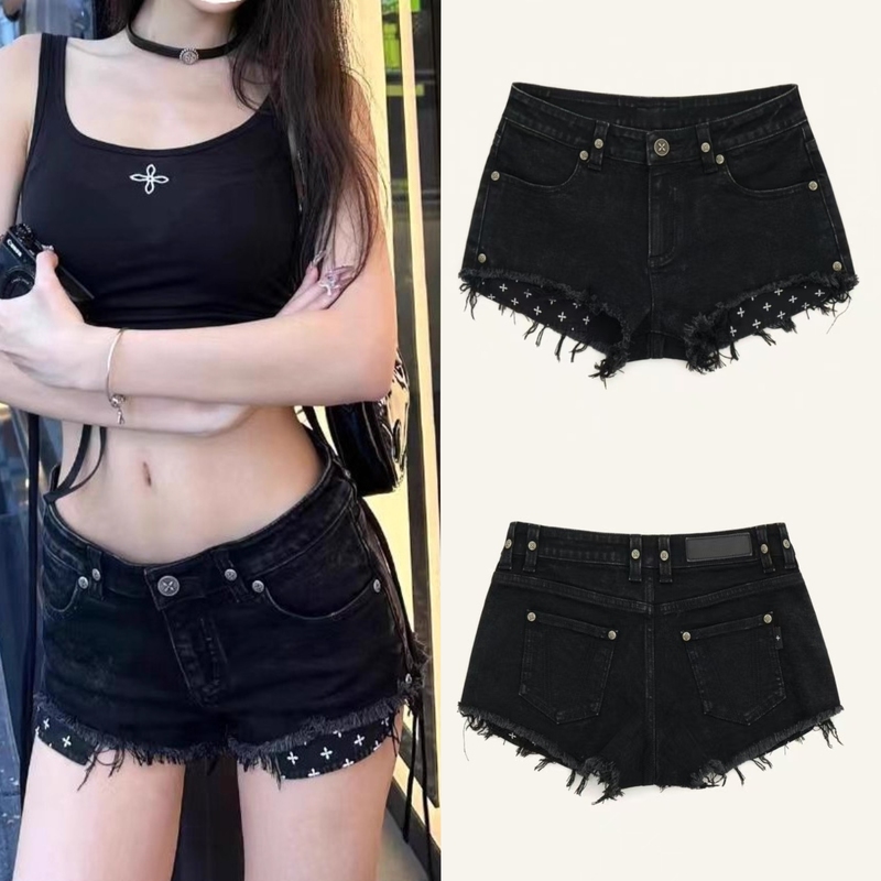 [in Stock] Sk Mustang Ultra-Low Waist Lightning Denim Shorts Versatile Design Cotton Hot Pants 24 New Style