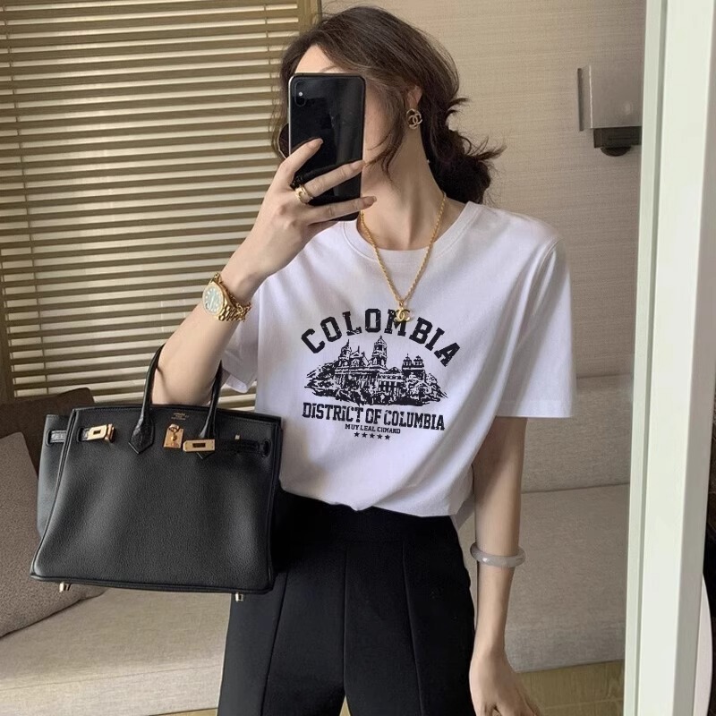 European Style Women's White Short-Sleeve T-Shirt, Summer 2026 New European Fashion, Trendy Regular Shoulder Women's Cotton Top