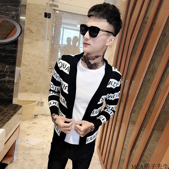 Social Spirit Guy Cardigan Sweater Men's Autumn Korean Fashion Trend Slim Fit Color Matching Alphabet Knitwear Jacket