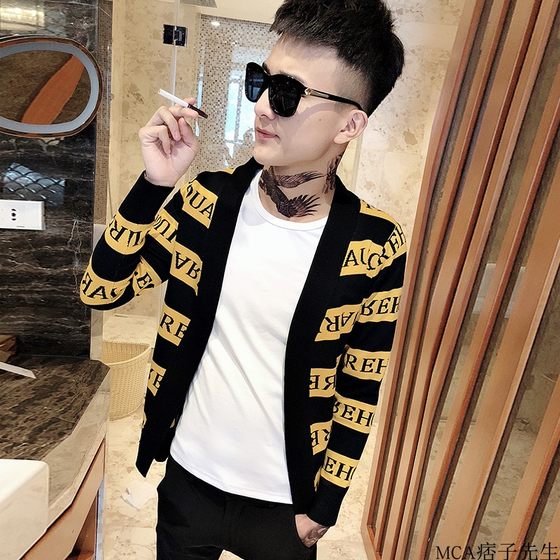 Social Spirit Guy Cardigan Sweater Men's Autumn Korean Fashion Trend Slim Fit Color Matching Alphabet Knitwear Jacket