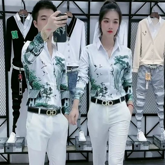 Chinese Style Long-Sleeved Shirt Men's Spring & Fall Ink Color Couple Shirt Hairstylist Personalized Printed Handsome Popular Top