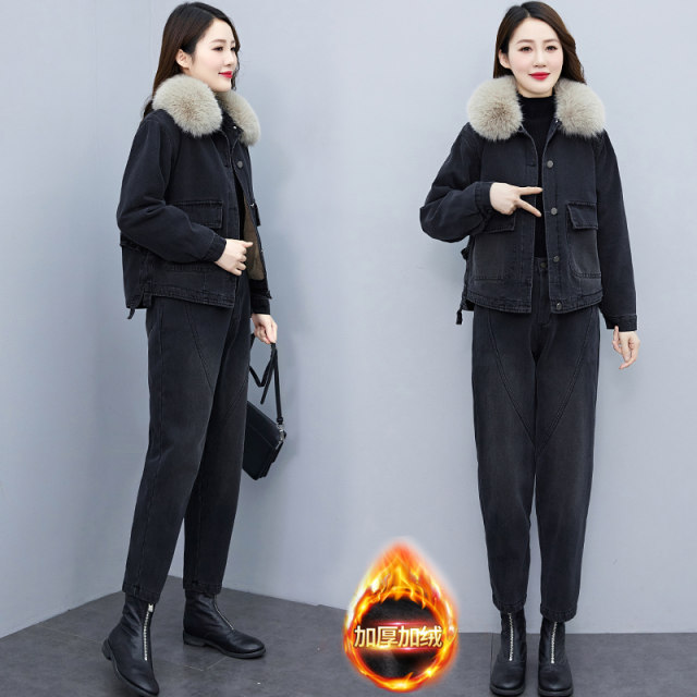 European denim suit women plus velvet thickened 2022 winter new casual fashion tooling cotton padded two-piece suit