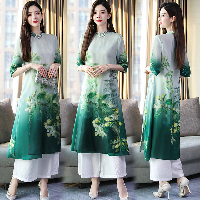 Vietnamese Ao Dai cheongsam wide-leg pants suit women's summer new retro ethnic style embroidery chiffon dress two-piece set