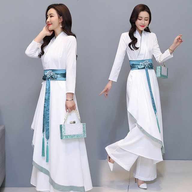 Chinese style suit women's summer 2021 new retro ethnic style waist improved Hanfu wide-leg pants two-piece set