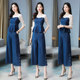 Denim suit women's fashionable western style 2022 summer new fashion goddess fan age slimming wide-leg pants two-piece suit