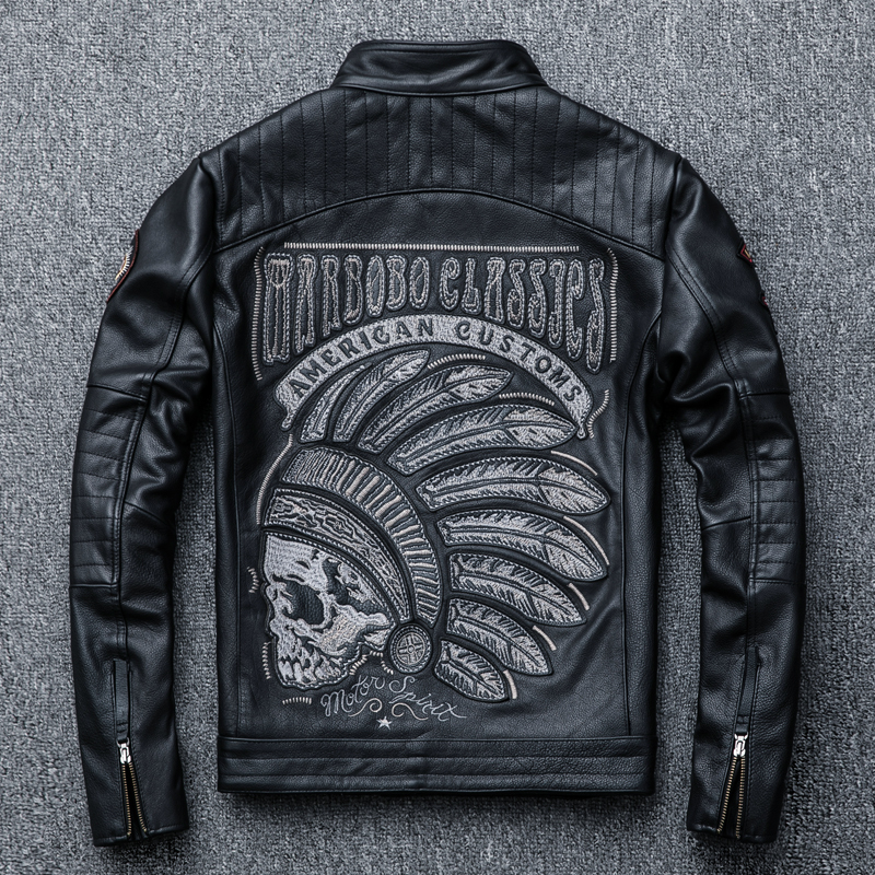European and American Embroidered Men's Motorcycle Genuine Leather Jacket Cowhide Men's Stand Collar Motorcycle Jacket Indian Style