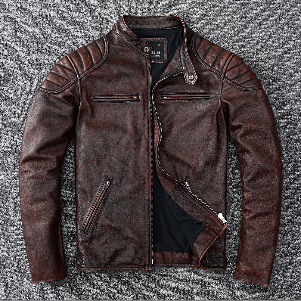 Pakistan headlayer cow leather leather leather clothing male style collar leather jacket retro to make old Amei click red brown