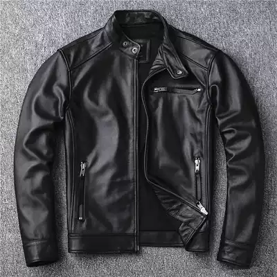 Leather leather clothing men's calfskin short handsome collar young and middle-aged trend locomotive single leather jacket jacket New