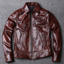 Spring special top layer cowhide wax leather leather jacket short slim slim motorcycle leather jacket mens wine red tuxedo