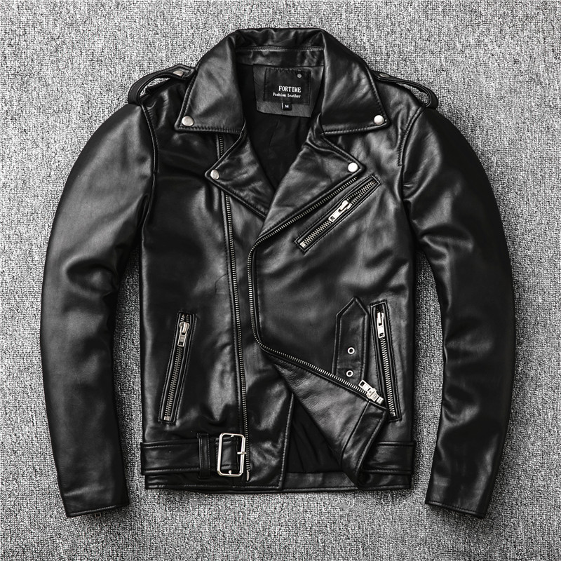 Special Offer Autumn New Arrival First Layer Sheepskin Genuine Leather Jacket Men's Motorcycle Belt Lapel Leather Jacket Slim Fit Trendy Coat