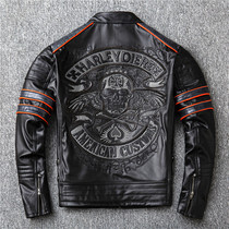 Harley Locomotive Embroidery Skull Layer Cowhide Leather Leather Leather Clothes Mens Done Short Leather Jackets