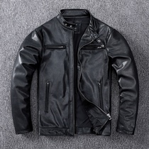 Casual mens sheepskin jacket leather leather jacket short stand collar slim style vegetable tanning oil wax glossy leather jacket