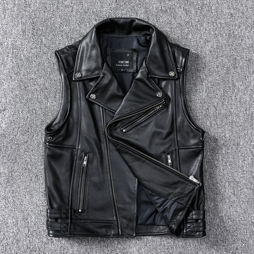 New Harley motorcycle first layer cowhide leather leather jacket men's short slim fit lapel sleeveless outer vest motorcycle suit