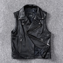New Harley locomotive first layer cowhide leather leather leather jacket mens short slim lapel sleeveless vest locomotive suit