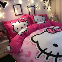 Bông Hello Kitty phim hoạt hình chào gia đình của bốn đứa con gái công chúa khăn trải giường gió bông ba bộ bốn - Bộ đồ giường bốn mảnh chăn ga forever