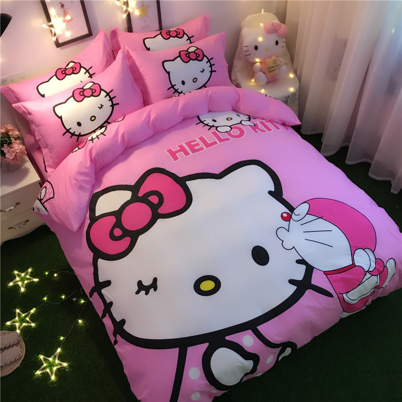 Cartoon hello kitty KT bông denim Hello Kitty cô gái công chúa gió giường bông bốn bộ của ba đứa con - Bộ đồ giường bốn mảnh bộ drap giường
