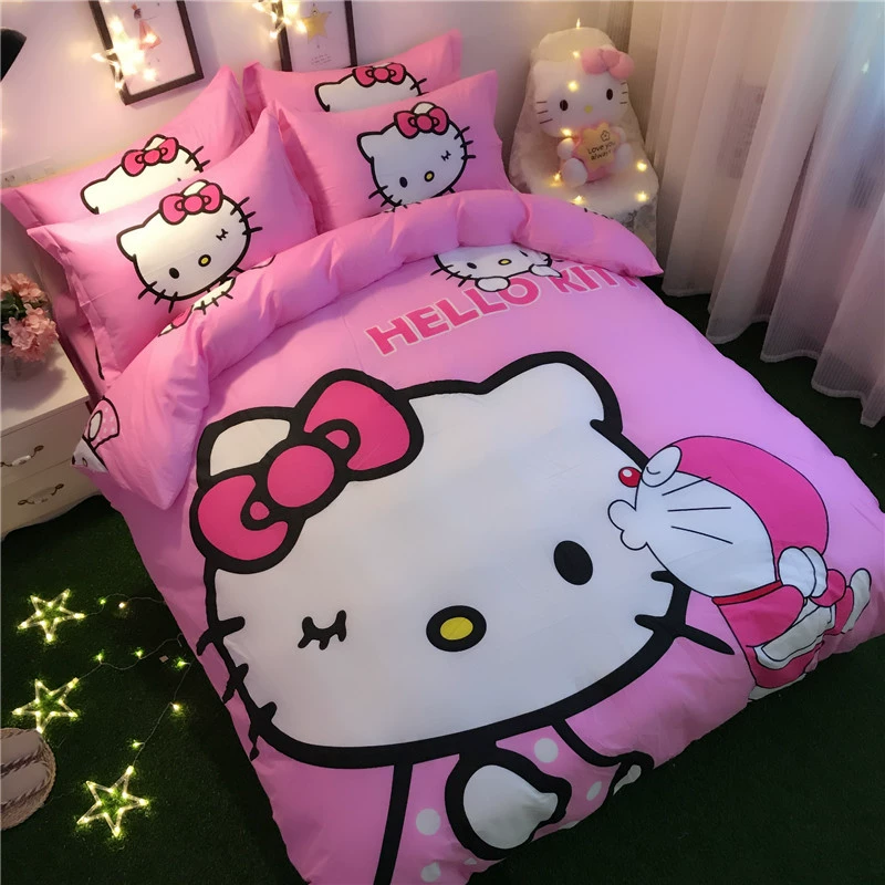 Bông Hello Kitty phim hoạt hình chào gia đình của bốn đứa con gái công chúa khăn trải giường gió bông ba bộ bốn - Bộ đồ giường bốn mảnh