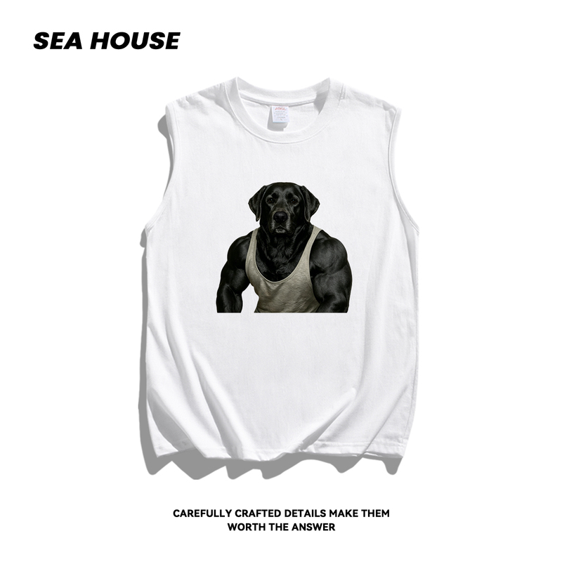 [Muscle Black Labrador] Pure Cotton Vest, Loose Summer Sleeveless T-Shirt