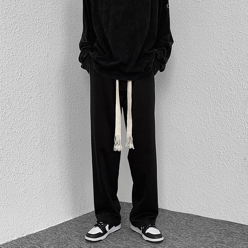 Black Casual Pants Male's Tide Cards Straight Barrel Loose Broadlegged Pants Autumn Winter Plus Suede Trendy Long Pants Advanced Sensation-Taobao