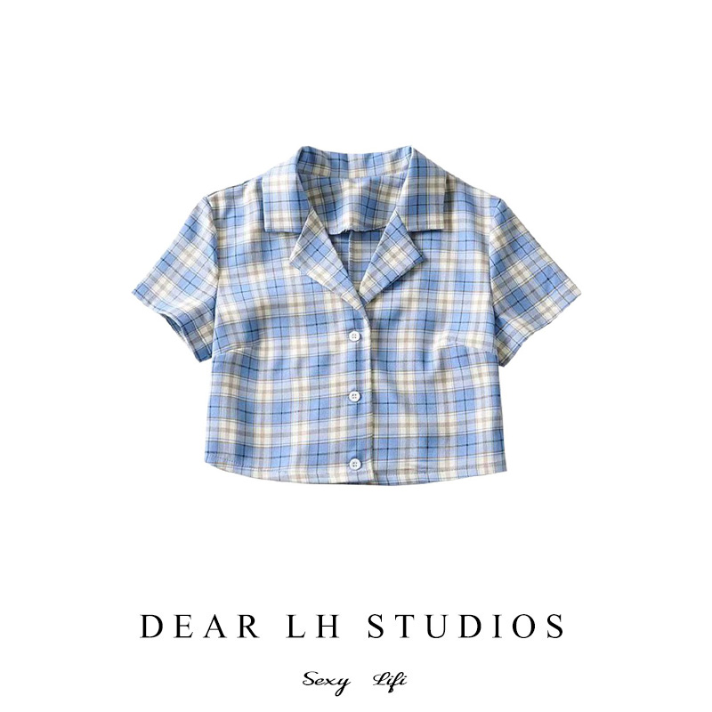 Summer new high-waisted slimming plaid lapel shirt fresh small foreign style top short-sleeved female ins