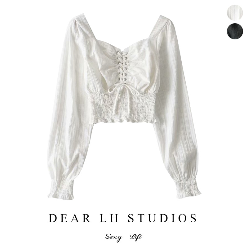 French court style square collar waist long-sleeved shirt women's early autumn new style chest straps girls cropped tops