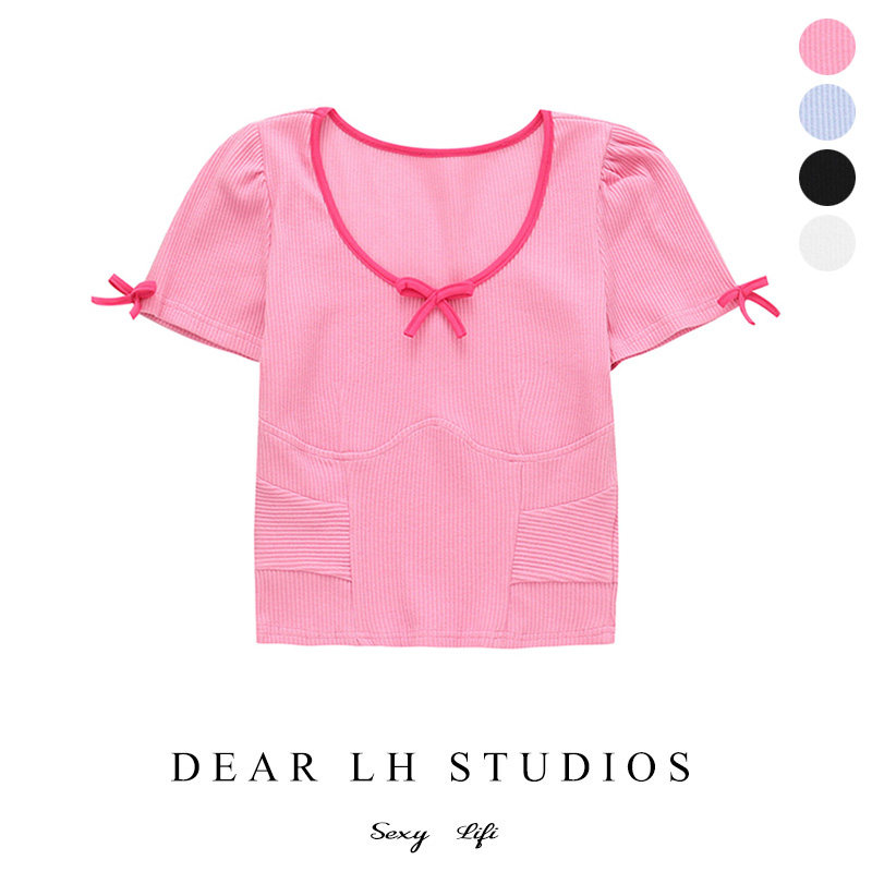 ins summer basic candy color slim T-shirt scheming girl square neck high waist bow bottoming short-sleeved top