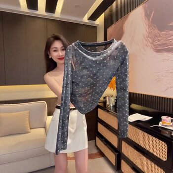 Polka-dot sunscreen long-sleeved t-shirt women's mesh blouse top