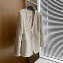 Self-made ~ elegant temperament ~ V-collar gold wire tweed small fragrant Wind Jacket Women autumn and winter 2021 New coat Han