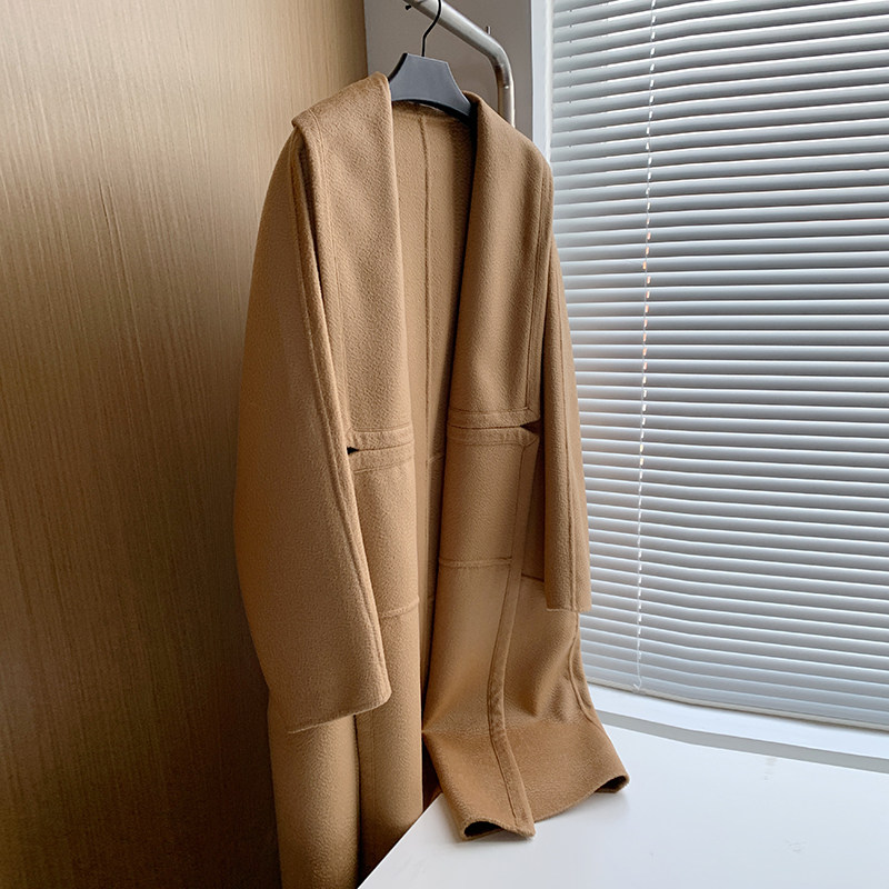 Where Aunt's workshop Classic Lean Hump Color Long Version Water Corrugated bifacial cashmere Grand coat woman with long version of the fur coat