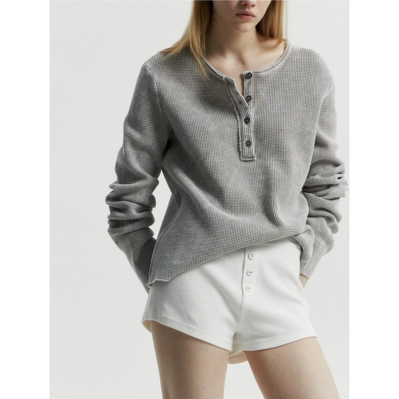 Lumideer Xs-Xl Size American Retro Washed Waffle Cotton Henry Collar Long-Sleeve T-Shirt Women's Top Russian Style