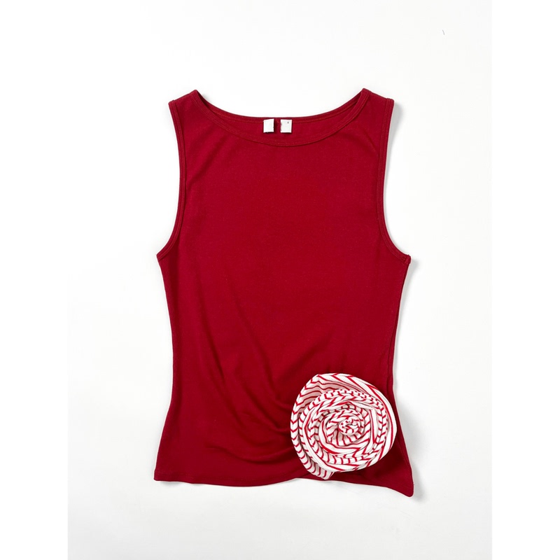 Lumideer S-Xl Size Three-Dimensional Flower Decoration Slim Fit Red Top Summer Vest Women's Sleeveless Top