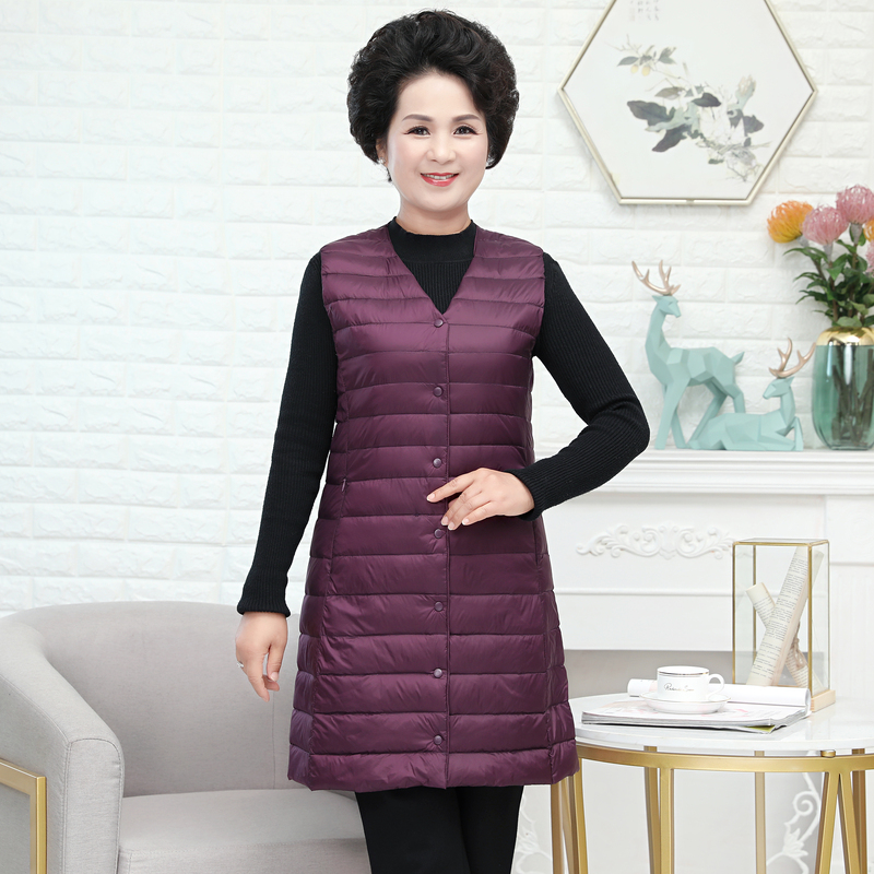 Lightweight Round-Neck Mid-Length down Vest for Middle-Aged and Young Women, Plus-Size Base Layer Vest, V-Neck Sleeveless Jacket, Mother's Clothing