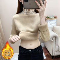 Plus velvet padded base shirt ladies turtleneck one-piece sweater autumn and winter 2021 warm knitted top Slim