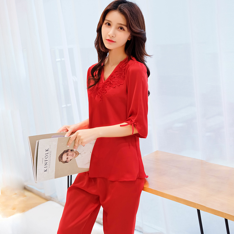 Pajamas for Women, Spring and Autumn, Sexy Silk Short-Sleeved Base Layer, Bride Red Wedding Zodiac Year Ice Silk Set, Home Wear