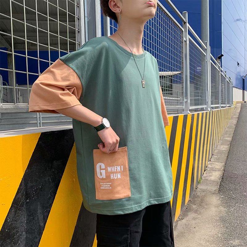 Hong Kong style ins middle-sleeved men's trend loose couple wear short-sleeved t-shirt Korean version of student tide brand hit color five-and-a-half sleeves