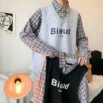 Hong Kong wind fake two clothes men Korean trend long sleeve T-shirt plaid shirt clothes loose Harajuku ins jacket