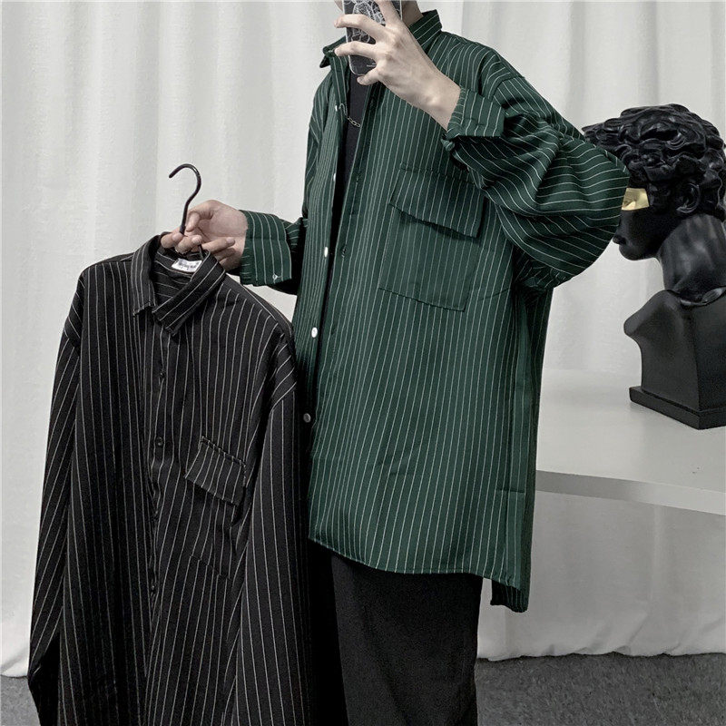 Ruffian handsome ins shirt men's Hong Kong style trendy long-sleeved shirt Korean version of Harajuku style loose casual striped shirt inch