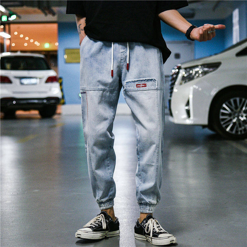 Fashion brand tie-up jeans Men's loose wide-leg Harun trousers Korean version of the trend nine-point pants joker ins overalls