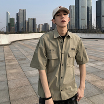 Summer fashion brand ins tooling shirt mens short-sleeved ruffian handsome jacket Casual Japanese trend half-sleeve shirt size