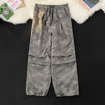 Day-series retro camouflage workmen Pants High Street Casual Hitting with Loose Ruffling Rope Wide Movement Long Pants