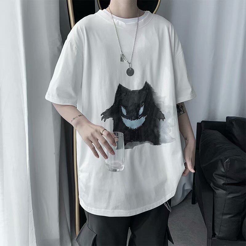 ins tide signs dark black ensemble 50% sleeves male port wind printed short sleeve T-shirt Korean version trendy relaxation lover T-shirt