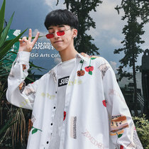 National tide flower shirt men long sleeve loose thin coat spring and autumn Korean shirt casual clothes ins Super fire top