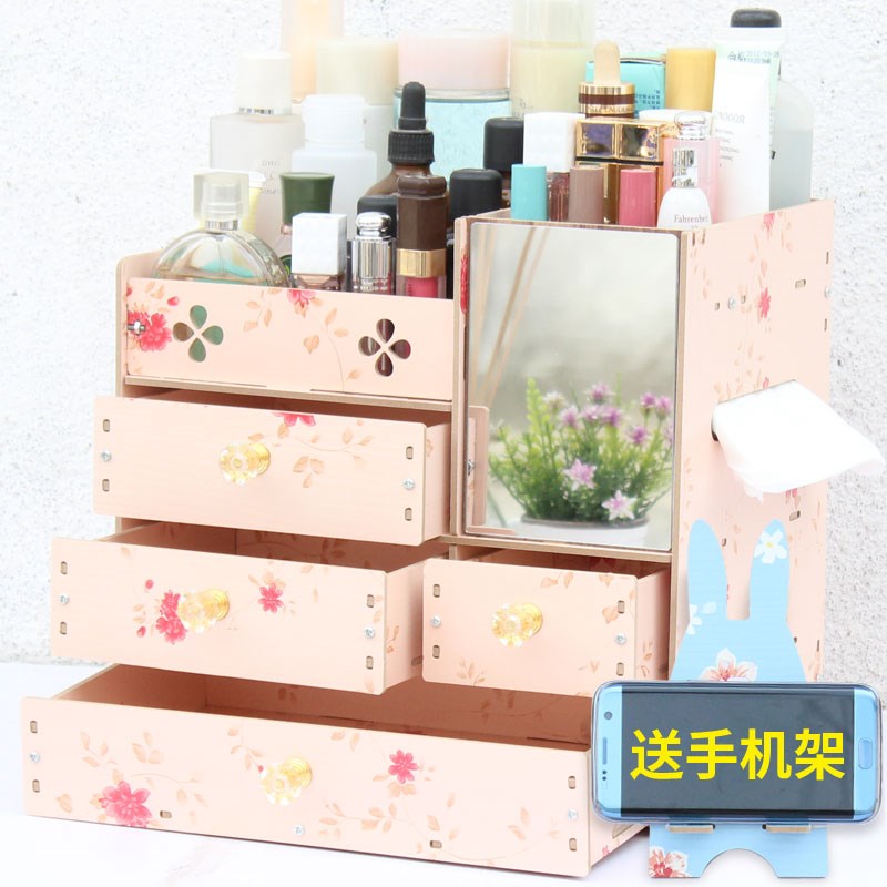 包邮 大木质桌面化妆品收纳盒 整理梳妆盒抽屉带镜子收纳架整理盒