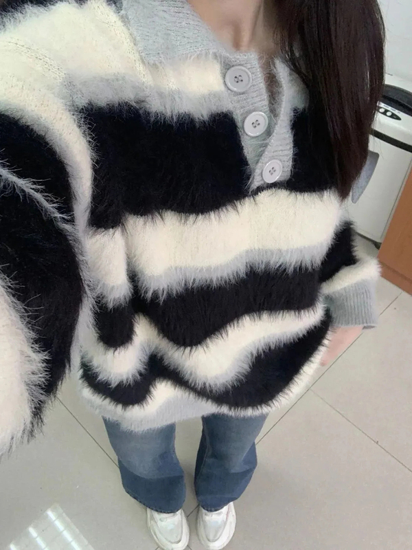 Color-Block Striped Pullover Sweater for Women, Autumn and Winter, Japanese Style, Gentle and Lazy, Soft and Thick Mink Velvet Knit Top