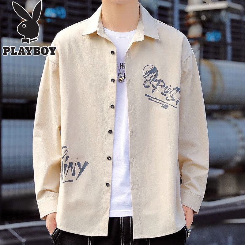 Мужская рубашка Playboy с длинными рукавами и нишевым дизайном из чистого хлопка, осенняя молодежная студенческая повседневная рубашка для мужчин