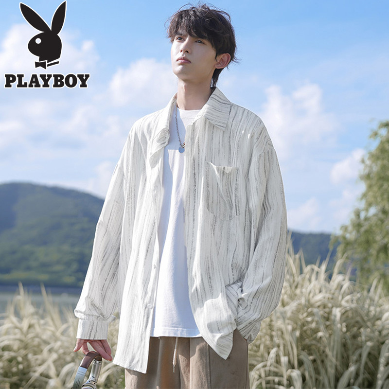 Playboy Men's Summer Long-Sleeved Shirt, Loose, Breathable, Sun-Protective, Youthful and Energetic Style, Lapel Drapey Shirt Playboy Men's Summer Long-Sleeved Shirt, Loose, Breathable, Sun-Protective, Youthful and Energetic Style, Lapel Drapey Shirt