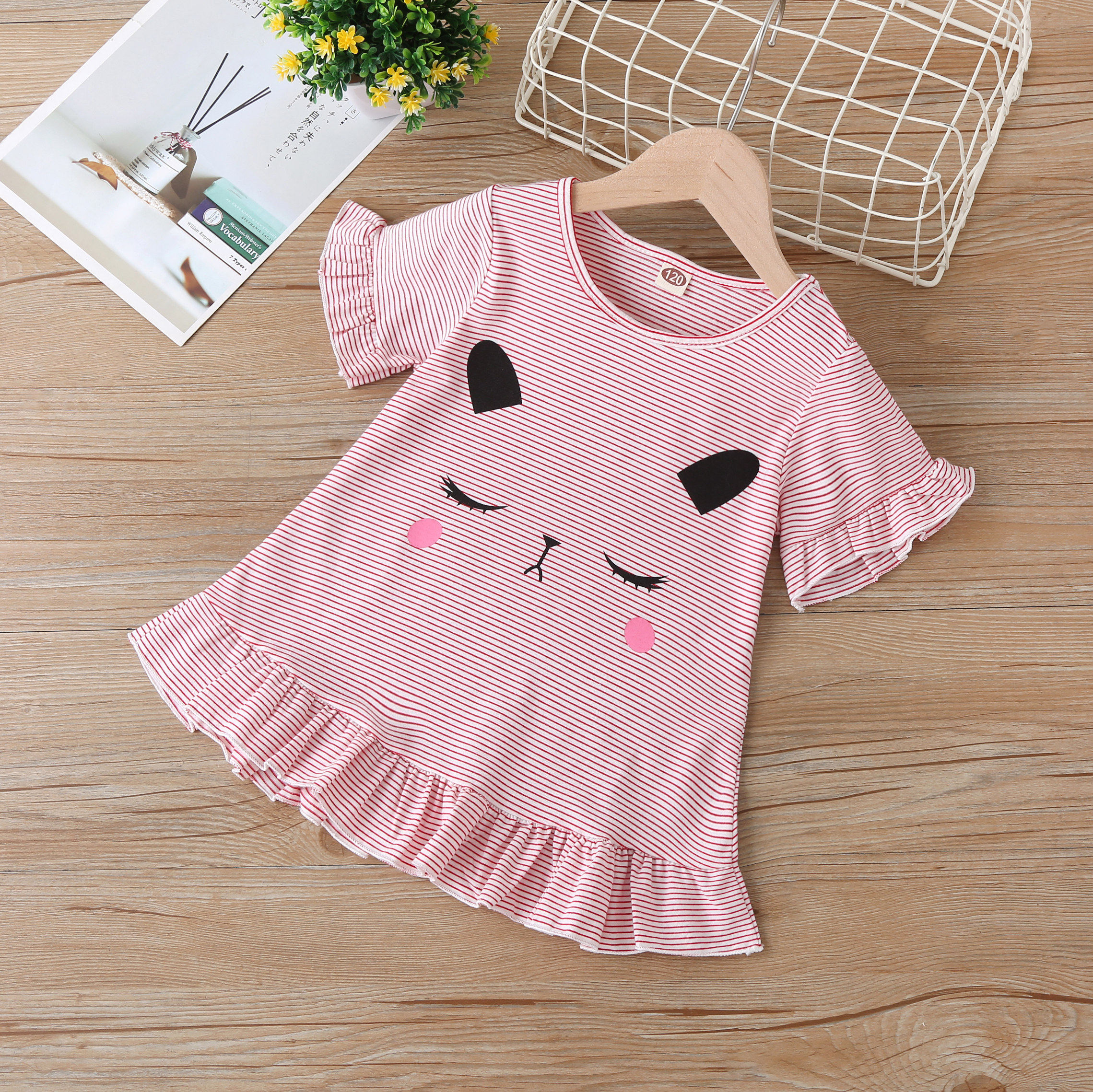 Cute girls striped T-shirt 2020 summer new baby girl fungus edge hem T-shirt children's short-sleeved top